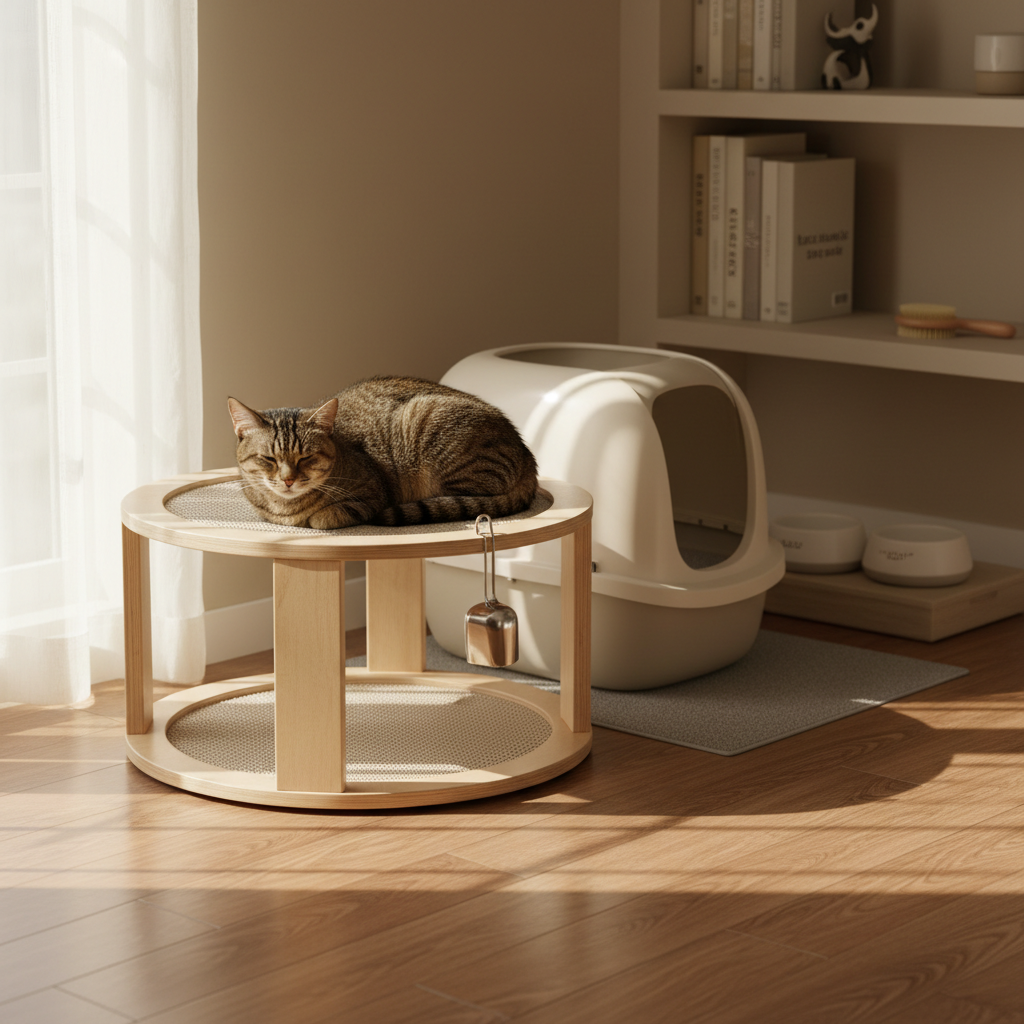 一隻斑紋貓咪在灑滿陽光的房間裡，舒適地躺臥在圓形木質貓抓台上休憩，旁邊擺放著一個簡潔的白色貓砂盆。這個溫馨的場景展現了寧靜的養貓生活，同時也提醒著貓砂盆清潔與貓砂推薦的重要性，為貓咪提供良好的貓咪照護環境。