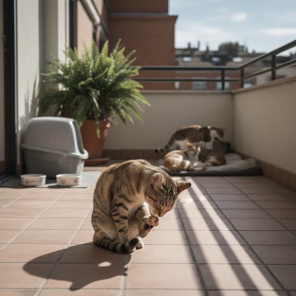 陽光灑落的戶外陽台，一隻花紋貓咪正專注地舔舐著自己的腳掌，進行日常的貓咪照護清潔。不遠處還有其他貓咪或坐或臥，其中一個灰色的貓砂盆清晰可見，搭配旁邊的食碗，營造出和諧的養貓生活場景。