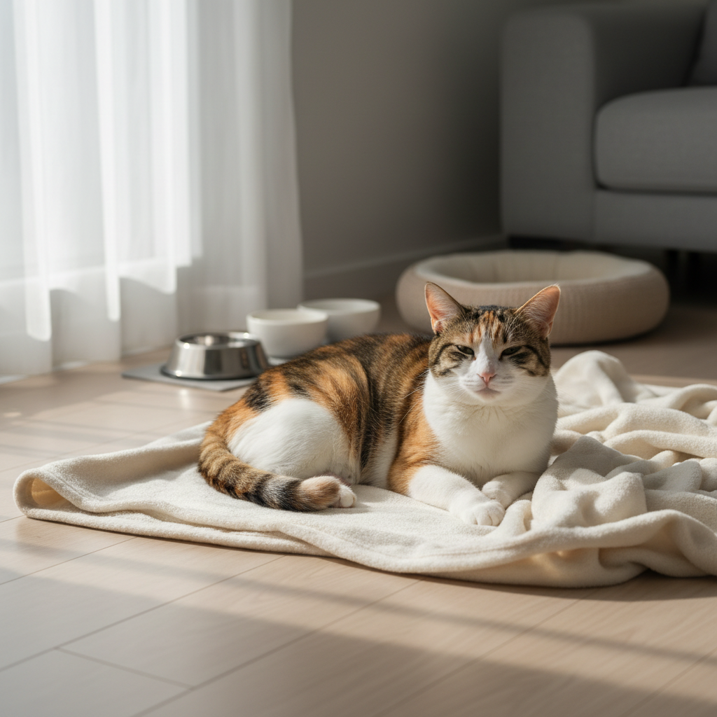 一隻擁有橘、白、棕三色花紋的貓咪，正舒適地躺在木質地板上鋪著的白色毛毯上，享受著窗邊灑落的溫暖陽光。牠的眼睛半開，看起來非常放鬆，家中的寧靜氛圍讓人感受到養貓生活的溫馨。不遠處可見貓咪的食碗和水碗，以及一個圓形貓窩，都顯示主人對貓咪照護的用心。