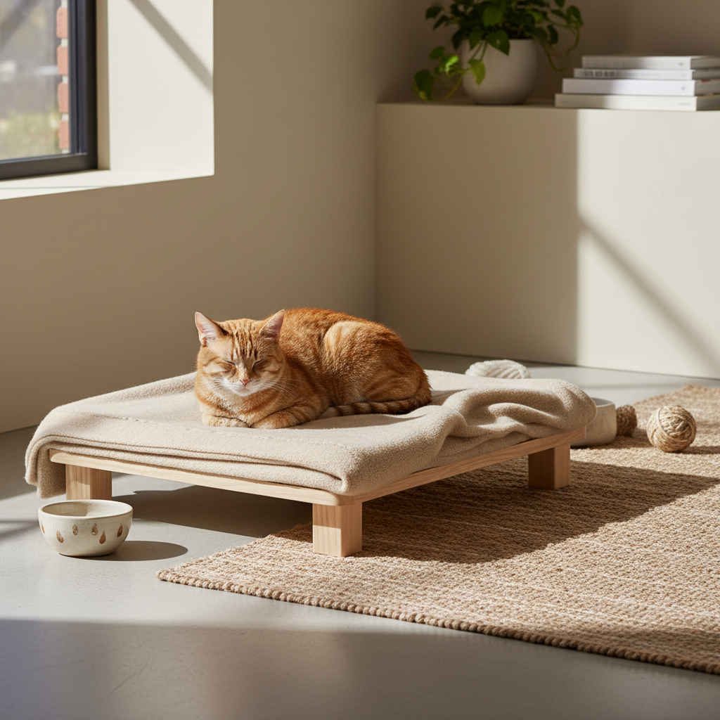 一隻橘色的貓咪舒服地躺在木質貓床上熟睡，貓床鋪著米白色軟墊和毛毯，旁邊擺放著一個陶瓷水碗和貓咪玩具球，整個畫面呈現出寧靜溫馨的養貓生活場景，是貓咪健康與照護的理想環境。