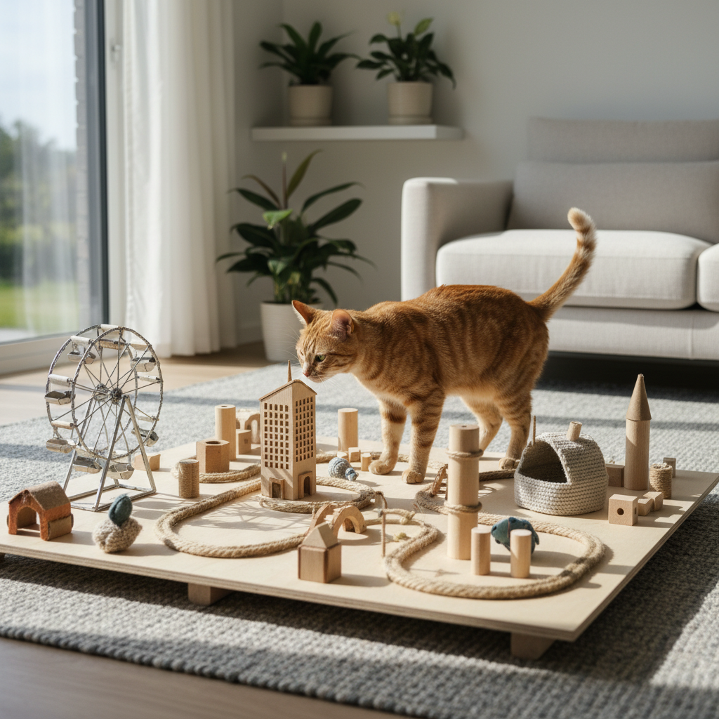 這張照片是養貓生活中的溫馨一幕，一隻橘貓正在探索主人精心為牠打造的DIY貓咪玩具。這個玩具設計在一塊木板上，由多種木製積木、繩索和玩具組成，彷彿一座迷你城市或遊樂園。橘貓好奇地聞著其中一個木製建築，展現出活潑又可愛的一面。畫面左側有一個鐵製的摩天輪模型，增添了玩具的豐富性。整個場景設定在明亮舒適的客廳，窗外綠意盎然，營造出貓咪健康成長的理想環境。