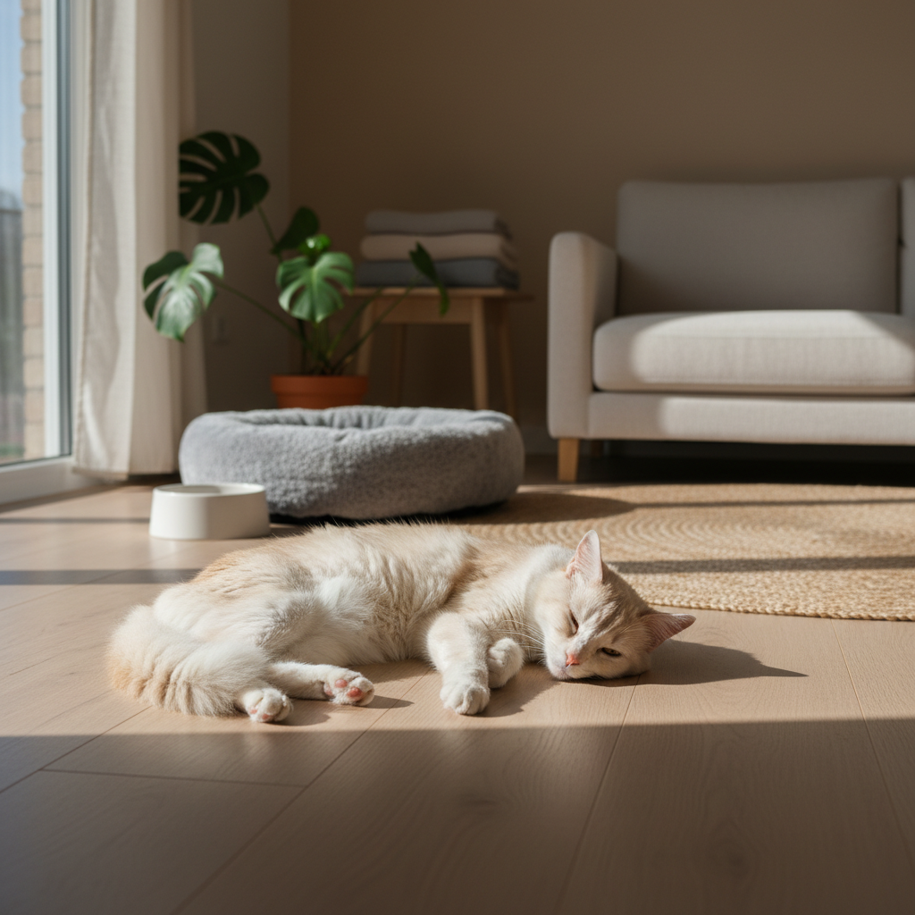 一隻米白色的貓咪舒適地躺在木地板上，享受著窗戶灑落的溫暖陽光。牠的眼睛微閉，看起來正在深度休息。這張圖片捕捉了貓咪在家中悠閒放鬆的日常，也暗示了貓咪健康生活的重要性。背景能看到牠的灰色貓窩、水碗、綠色植栽和淺色沙發，營造出一個溫馨且適合養貓生活的環境。