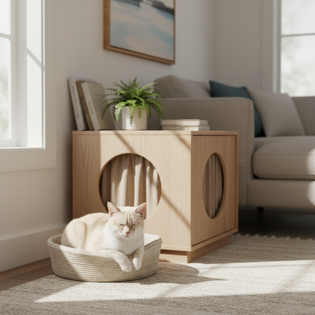 在明亮的客廳窗邊，一隻奶油色貓咪正舒適地在米白色編織貓窩中打盹，享受溫暖陽光。貓咪的眼睛微閉，顯示出非常放鬆的狀態，享受著寧靜的養貓生活。後方淺色木質貓屋與沙發、盆栽和書籍共同營造出溫馨的居家氛圍。