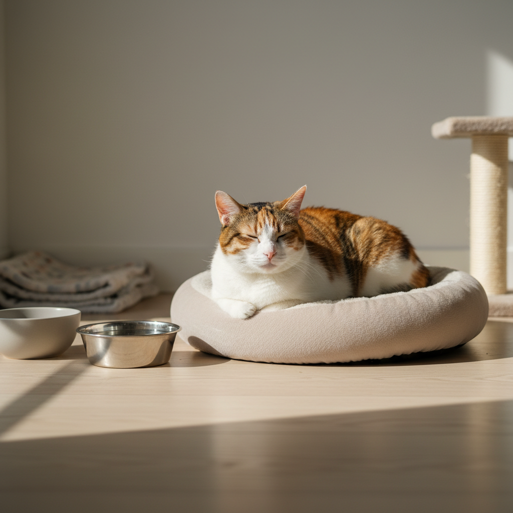 一隻橘白相間的可愛貓咪，舒適地躺在米色的貓咪專用軟墊上閉目養神，享受著窗邊灑落的溫暖陽光。貓咪的專屬空間旁，整齊擺放著兩個貓食碗，其中一個裝滿了水，另一個則空著，展現了飼主對貓咪照護的用心。背景可見一個貓抓柱，提供貓咪活動與磨爪的場所。這幅居家畫面充滿溫馨感，完美詮釋了養貓生活中的寧靜與舒適。