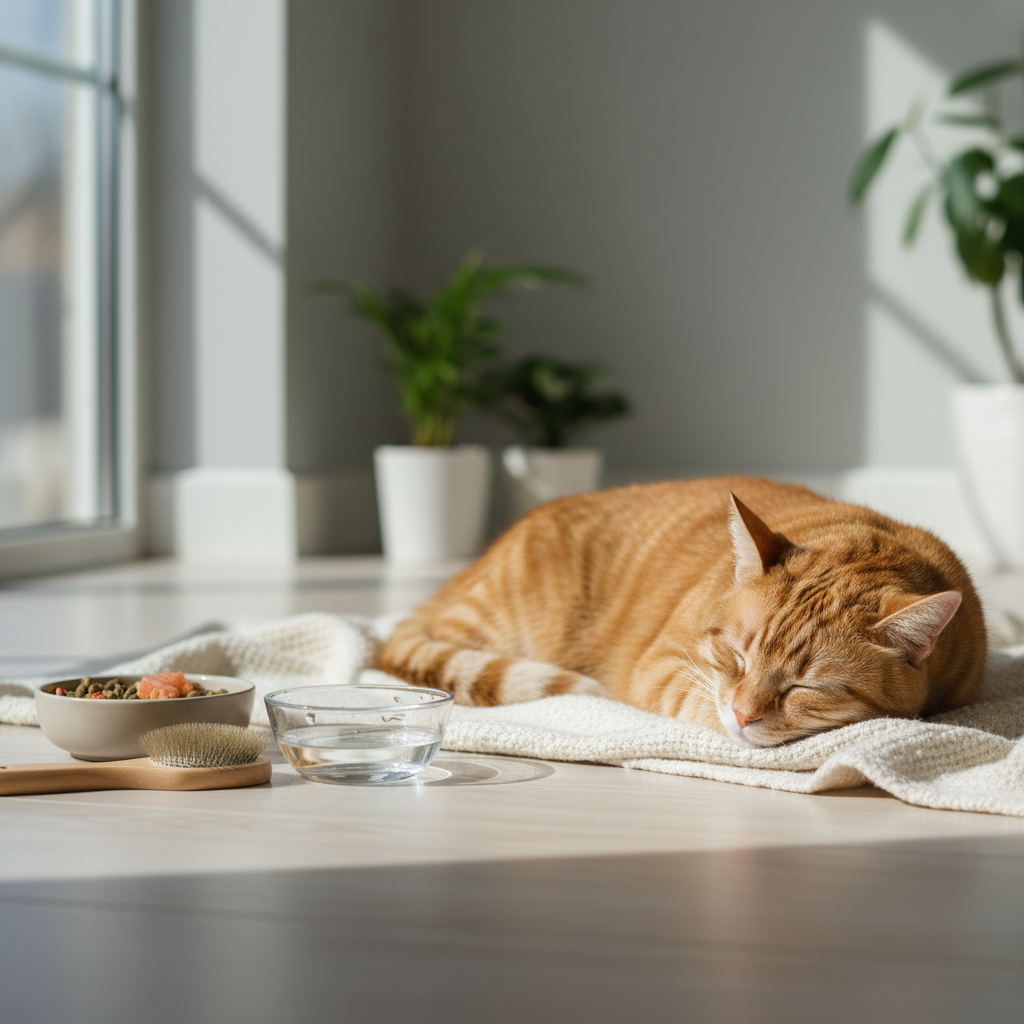 一隻橘貓慵懶地趴睡在淺色地毯上，陽光透過窗戶灑落在牠身上，顯得溫暖而寧靜。貓咪的頭部輕靠著地毯，看起來睡得很熟。旁邊擺著一個裝有貓糧和零食的碗，以及一個盛滿清水的玻璃碗，還有一個木柄貓咪梳毛刷，這些都是貓咪照護的必需品。背景是居家室內，有窗戶和幾盆綠色植物，營造出舒適的生活氛圍。