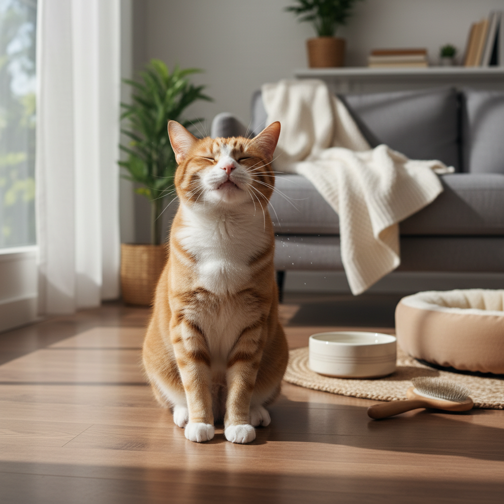 一隻橘白相間的貓咪在陽光灑落的客廳地板上享受地閉著眼睛，似乎正在打噴嚏或因鼻子搔癢而臉部微皺。這張圖片捕捉了貓咪日常照護中可能出現的可愛瞬間，凸顯了貓咪健康與照護的重要性，提醒飼主注意貓咪的各種反應。