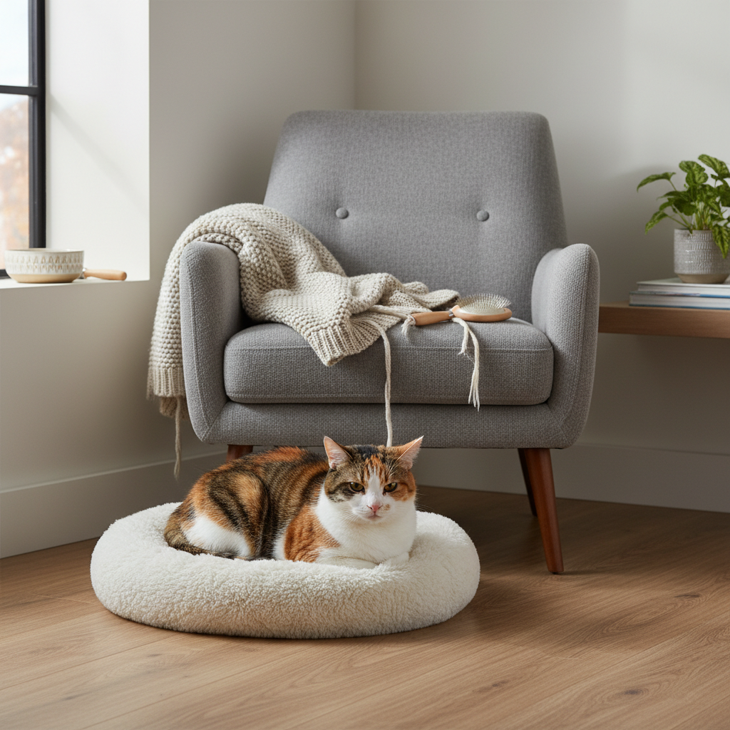 一隻擁有橘、白、棕三色毛髮的貓咪，舒服地躺在圓形米白色貓咪睡窩中，牠的眼神直視前方，神情溫和。背景是溫馨舒適的居家空間，一張淺灰色單人沙發旁，擺放著毛毯和梳子，整體畫面呈現寧靜的貓咪居家照護日常。