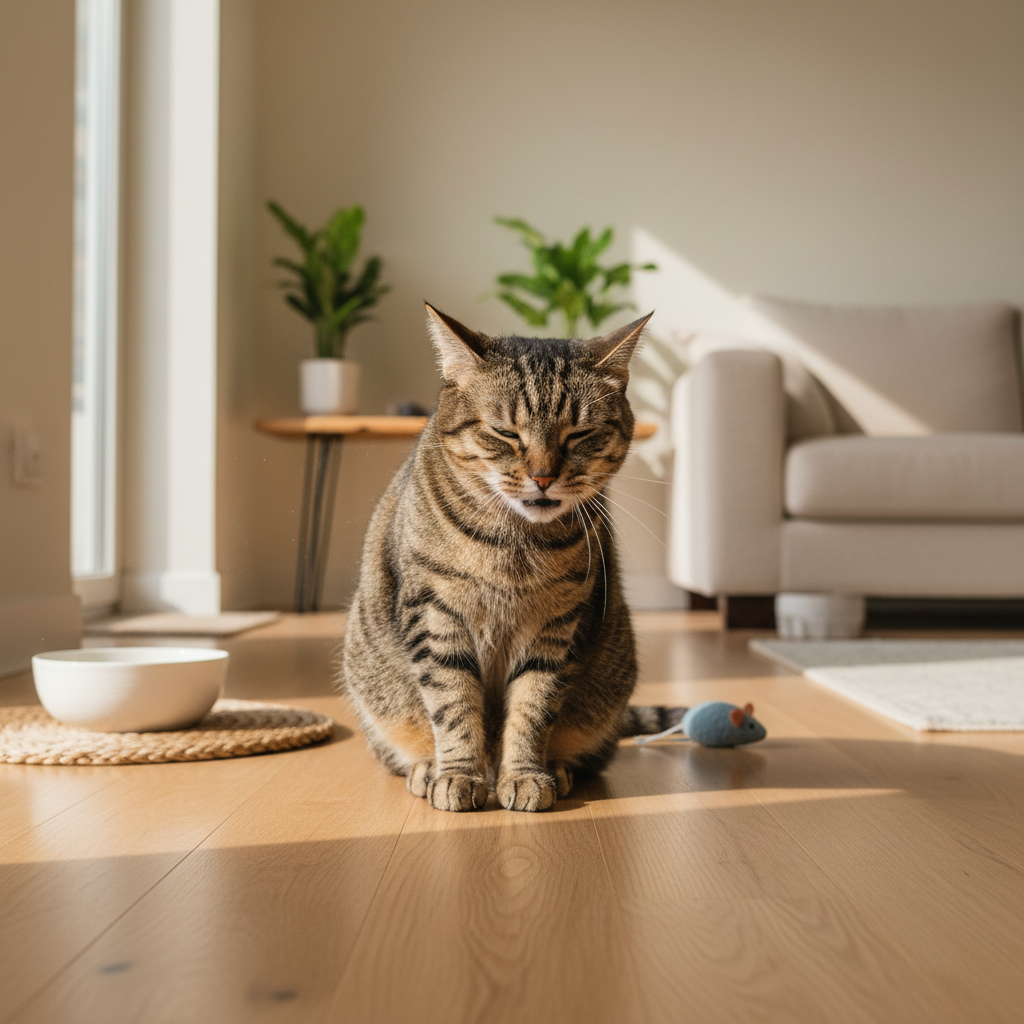 一隻斑紋貓咪在室內木地板上，眼睛微瞇並露出像是打噴嚏或感到不適的表情，可能與貓口臭或貓口炎有關。牠身旁有一個白色水碗和一個老鼠形狀的玩具，背景是明亮的客廳，陽光灑落在地板上，顯示出舒適的居家環境。
