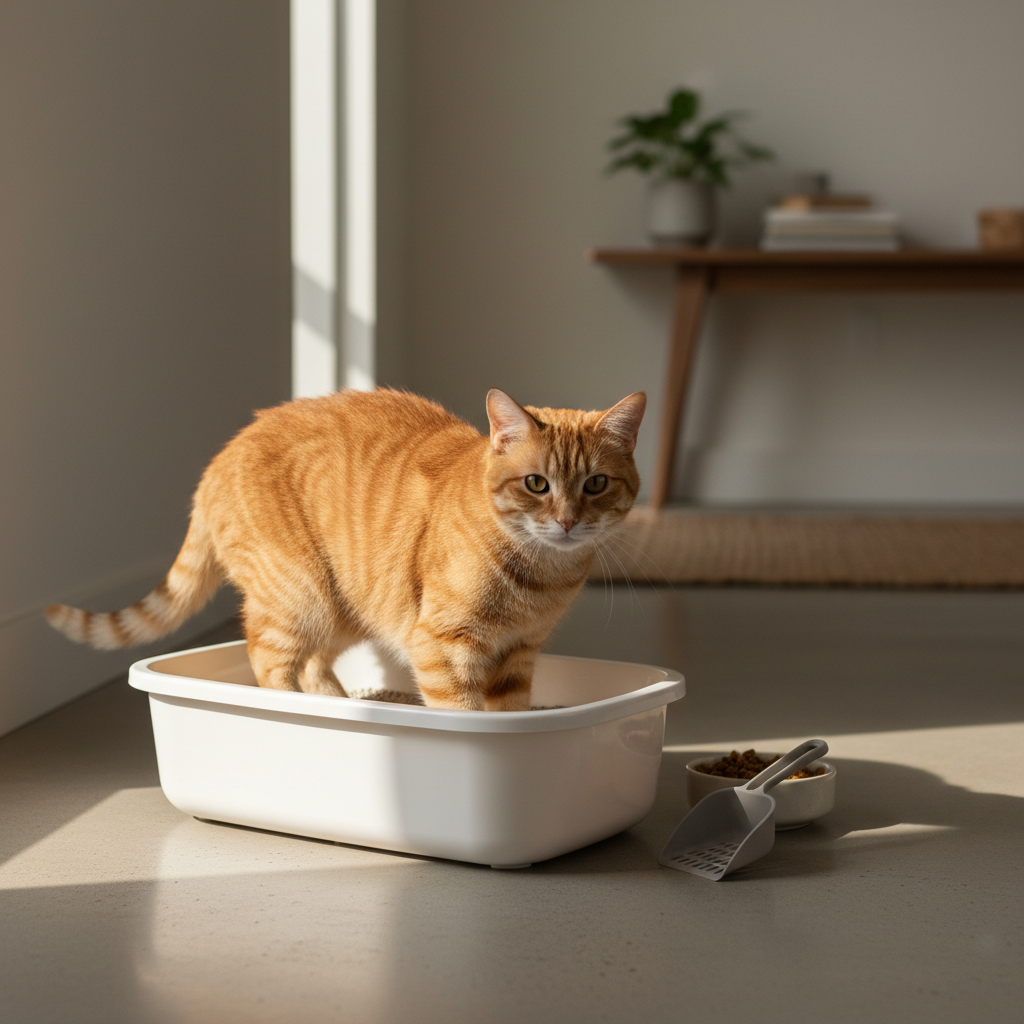 一隻橘色的虎斑貓站在白色的貓砂盆裡，專注地看著前方，彷彿在思考著「貓咪不愛上貓砂」的問題，或是準備進行貓砂盆清潔。貓咪周圍的光線溫暖，角落有貓食碗和貓砂鏟，顯示這是個為貓咪健康與照護精心佈置的居家場景。