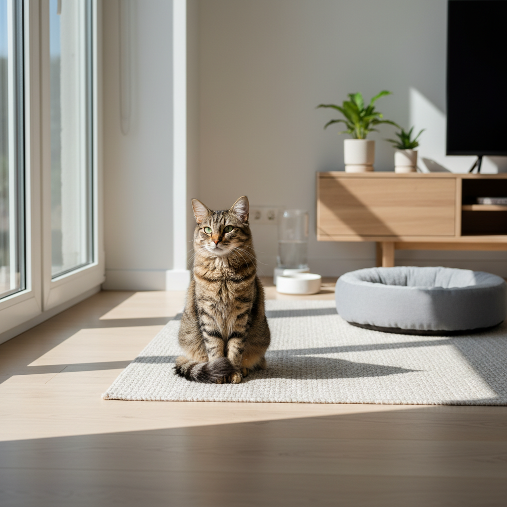 一隻擁有琥珀色眼睛的虎斑貓咪，安靜地坐在灑落陽光的木質地板上，眼神專注地望向前方。牠的身後可以看到簡約的客廳佈置，有窗戶、櫃子上的綠色盆栽，以及一個灰色的貓咪床，營造出一個溫馨且舒適的養貓生活空間。
