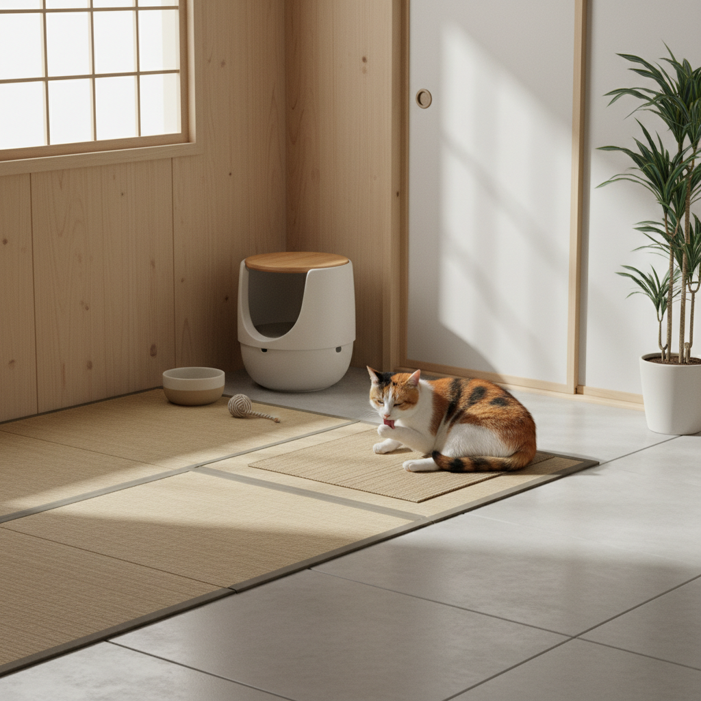 一隻擁有橘、黑、白三色毛髮的貓咪，正在鋪有日式榻榻米的小房間地板上舔毛整理，旁邊擺放著簡約風格的貓砂盆和飲水碗。這顯示了主人對養貓生活品質的重視，以及為貓咪提供舒適貓咪照護環境的用心。