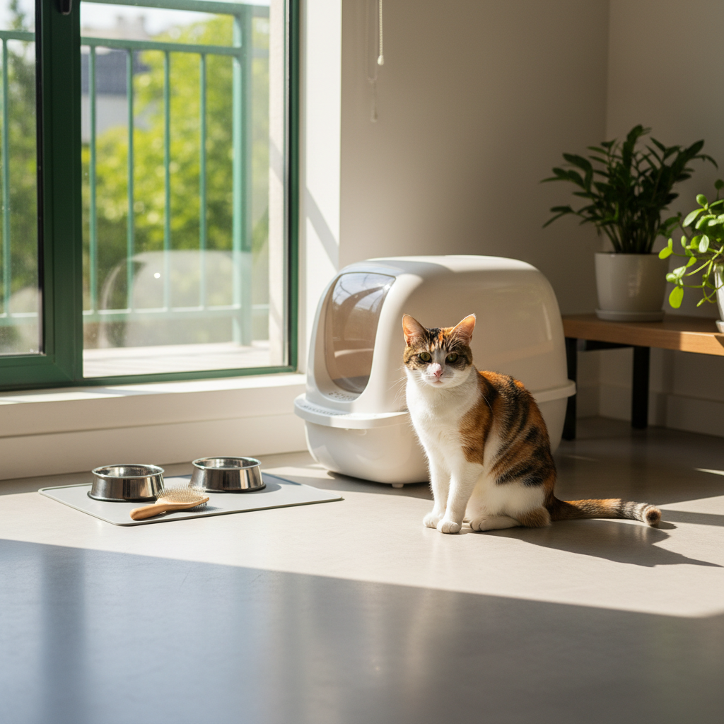 一隻可愛的橘白貓咪，坐在窗邊陽光灑落的室內，牠身後是一個自動貓砂盆，前方擺放著貓咪的飼料碗和水碗。這張圖片完美呈現了養貓生活中的必備品和貓咪的舒適環境，對於養貓新手來說是很好的參考。