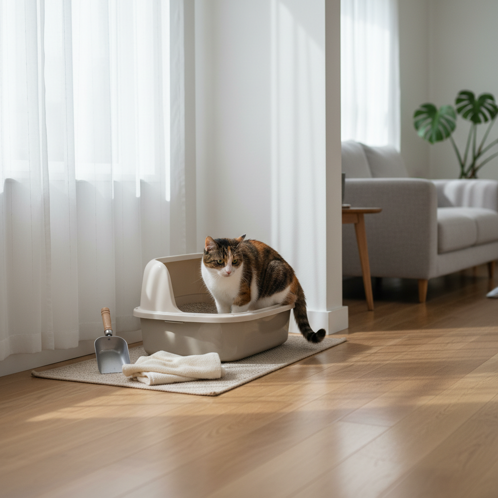 一隻擁有橘、白、黑三色毛髮的可愛貓咪，正優雅地從米色貓砂盆中走出，貓砂盆旁擺放著不鏽鋼貓砂鏟和一條米色擦拭布，地上鋪有同色系貓砂墊。整個畫面呈現溫馨的居家養貓生活感，窗邊灑落的自然光線讓室內更顯明亮。這張圖片強調了貓咪照護中，貓砂盆清潔與養貓必備用品的重要性。