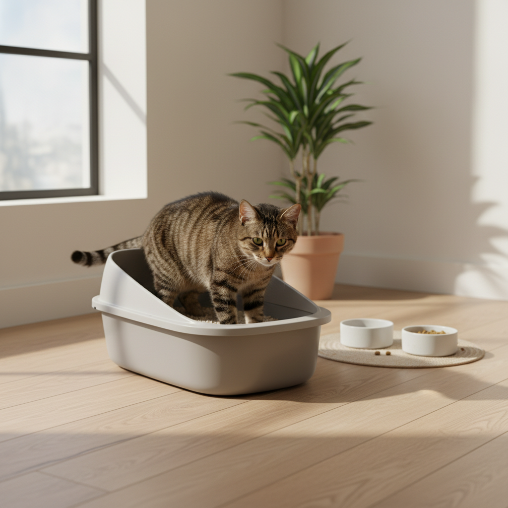 一隻斑紋虎斑貓正踩在淺灰色的貓砂盆中，貓砂盆裡鋪著豆腐砂。牠專注地看著前方，似乎剛使用完貓砂盆，正在進行貓咪照護的日常活動。背景是陽光灑落的居家空間，窗邊的光線柔和，旁邊擺放著植物和貓咪的飼料碗，呈現舒適的養貓生活場景。