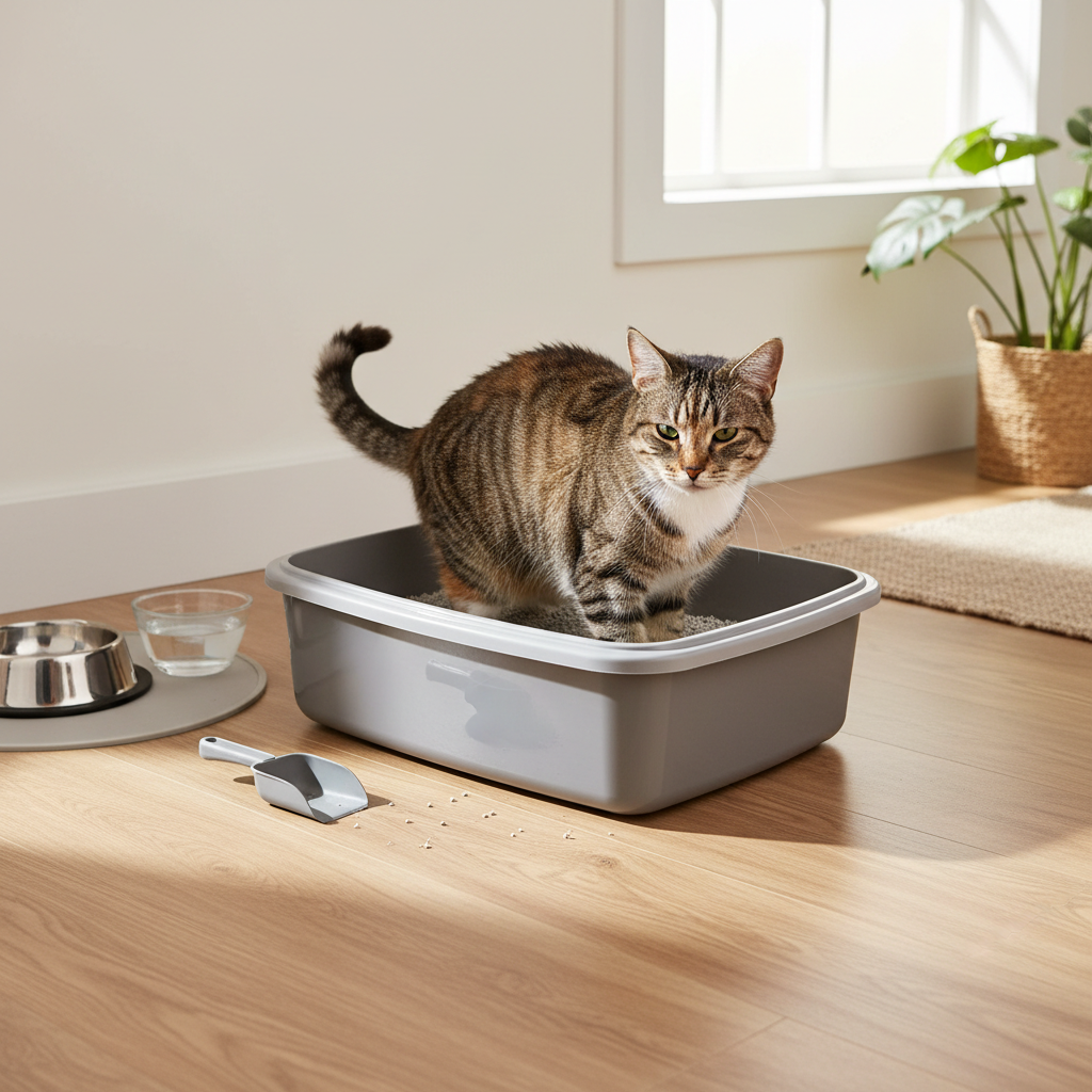 一隻斑紋貓咪正在淺灰色的開放式貓砂盆裡，準備上廁所。貓砂盆旁散落著幾顆貓砂，旁邊還有一個不鏽鋼貓碗和一個玻璃水碗，下方墊著灰色餐墊。窗邊擺放著一盆綠色植物，整體環境明亮整潔，畫面呈現貓咪日常的養貓生活與貓砂使用情境，強調貓咪照護的細節。