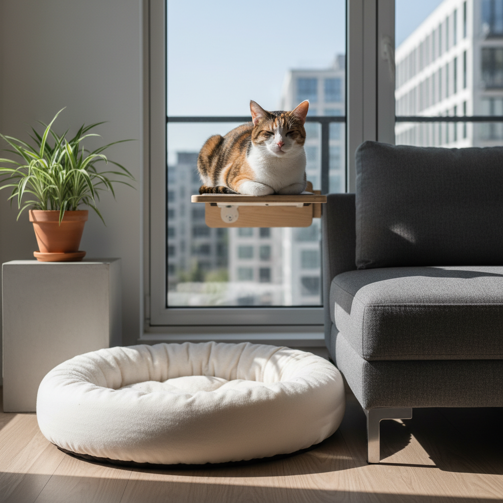 一隻虎斑貓慵懶地趴臥在窗邊的貓咪專用觀景平台上，展現貓咪健康且放鬆的姿態，營造讓貓咪感到安心的養貓環境