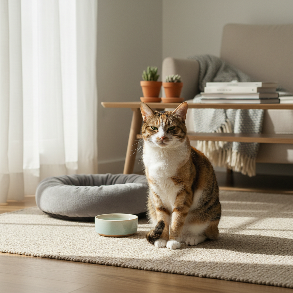一隻橘白色相間的虎斑貓，優雅地坐在陽光灑落的客廳地毯上，牠的眼神直視前方，旁邊擺放著一個灰色貓窩和一個水藍色貓碗。這幅溫馨的貓咪照護畫面，展現了養貓生活的日常。