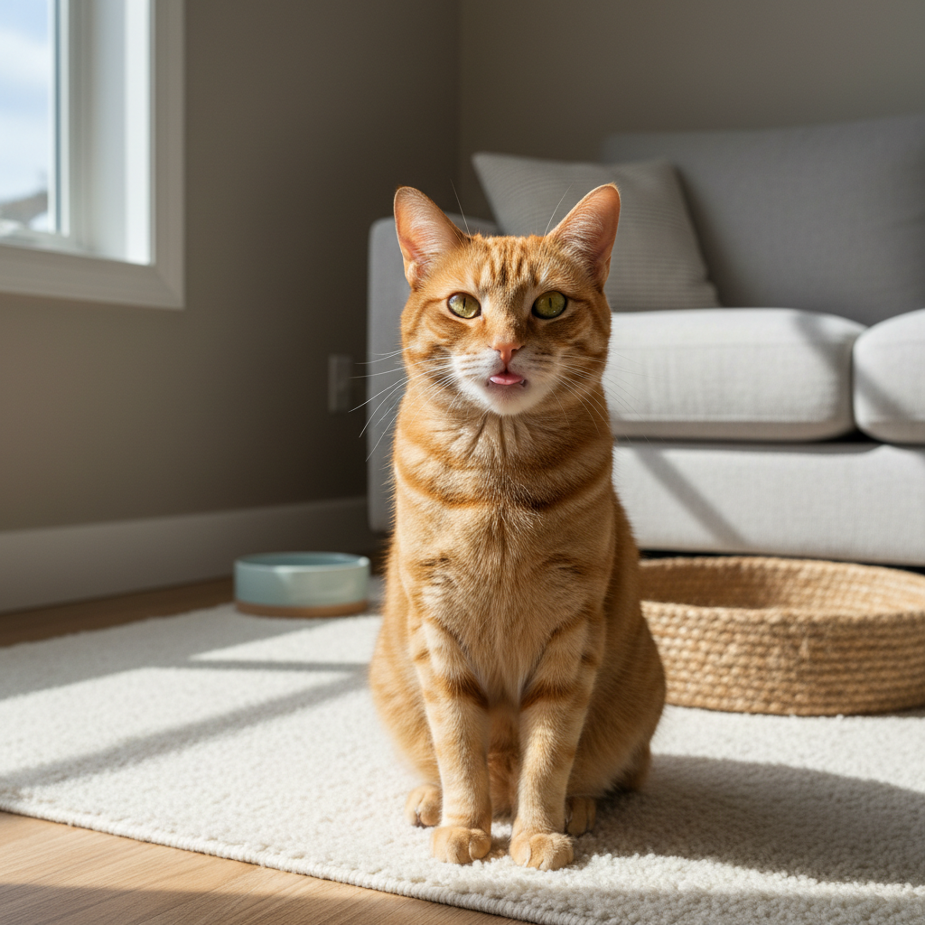 一隻橘色的貓咪慵懶地坐在米白色的地毯上，陽光從窗戶灑落，照亮了牠柔軟的毛髮，貓咪還俏皮地吐出了一點舌頭。牠的表情看起來有點呆萌，為室內居家生活增添了一抹溫馨的貓咪照護日常。