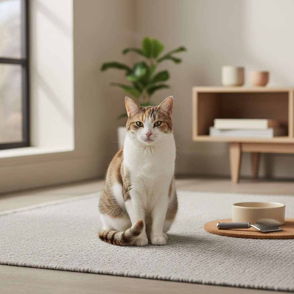 一隻白底虎斑貓咪，眼神溫馴地坐在室內地板上，牠身旁放著一個米色的貓碗和一支貓梳，像是在等待主人為牠進行貓咪照護。貓咪的毛色乾淨，顯示日常有良好的貓咪健康管理。