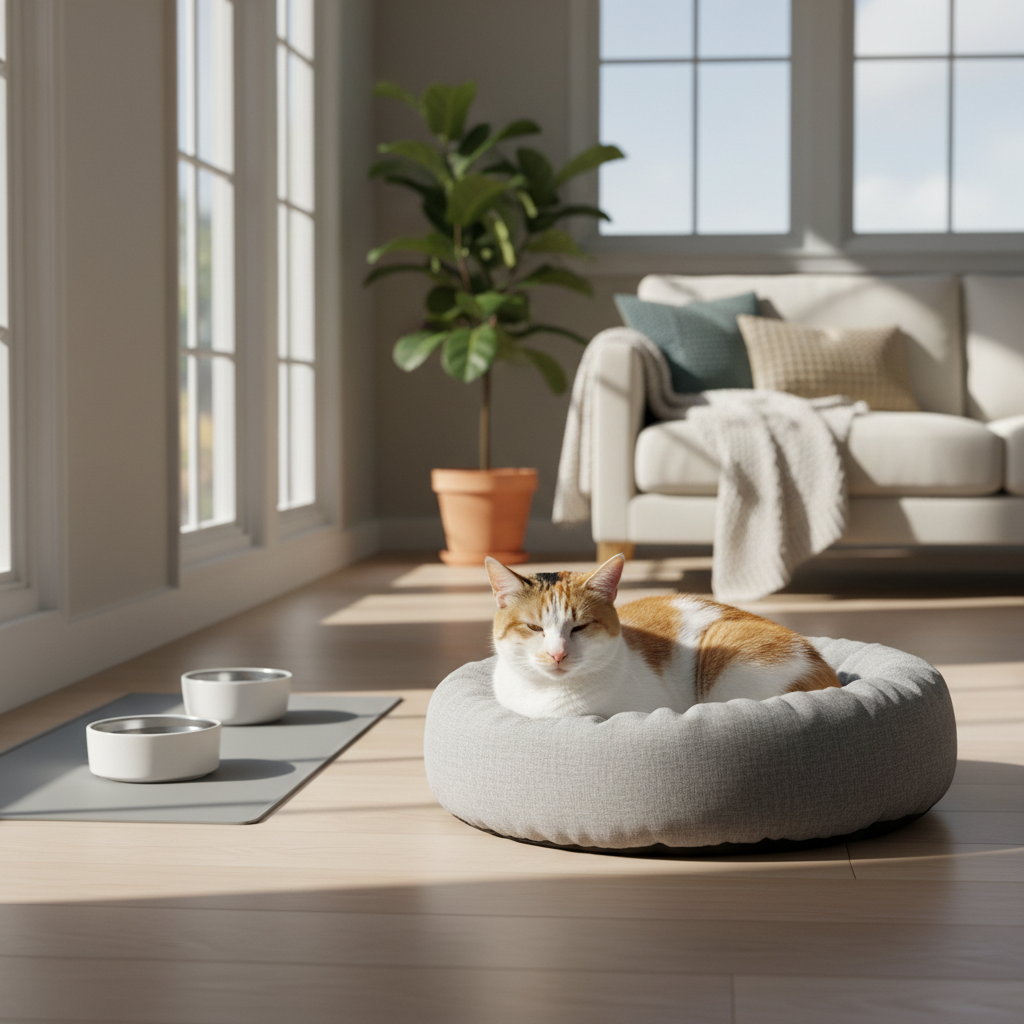 一隻橘白相間的貓咪在陽光灑落的客廳裡，舒適地躺在灰色的圓形貓咪床上休息。牠的雙眼微閉，看起來非常放鬆，享受著溫暖的陽光。這個場景展現了寧靜的養貓生活，也提醒飼主提供貓咪舒適的休息環境，是貓咪健康照護重要的一環。