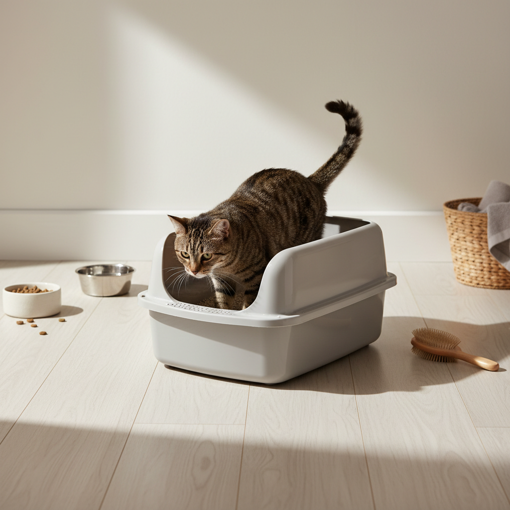 一隻虎斑貓正從灰色的貓砂盆中走出，看起來剛使用完畢。貓砂盆旁散落著幾顆貓糧，旁邊還有兩個不鏽鋼碗，一個裝水，一個裝食物，都放在淺色木地板上。畫面角落可見一個編織籃和一把貓咪梳子。這張圖片呈現了貓咪日常的養貓生活，提醒飼主注意貓砂盆清潔和貓咪照護。