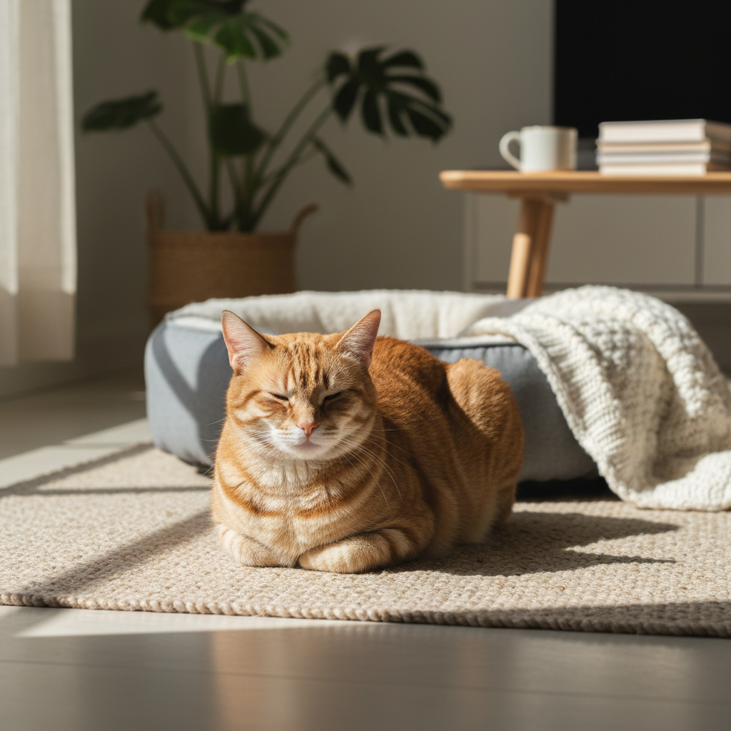 一隻橘色的貓咪舒服地躺在溫暖的陽光下打盹，牠的專屬貓窩就在旁邊。這張圖片捕捉了貓咪在家中寧静放鬆的時刻，也提醒我們在養貓生活中，為貓咪提供舒適的休息環境，是貓咪照護重要的一環。