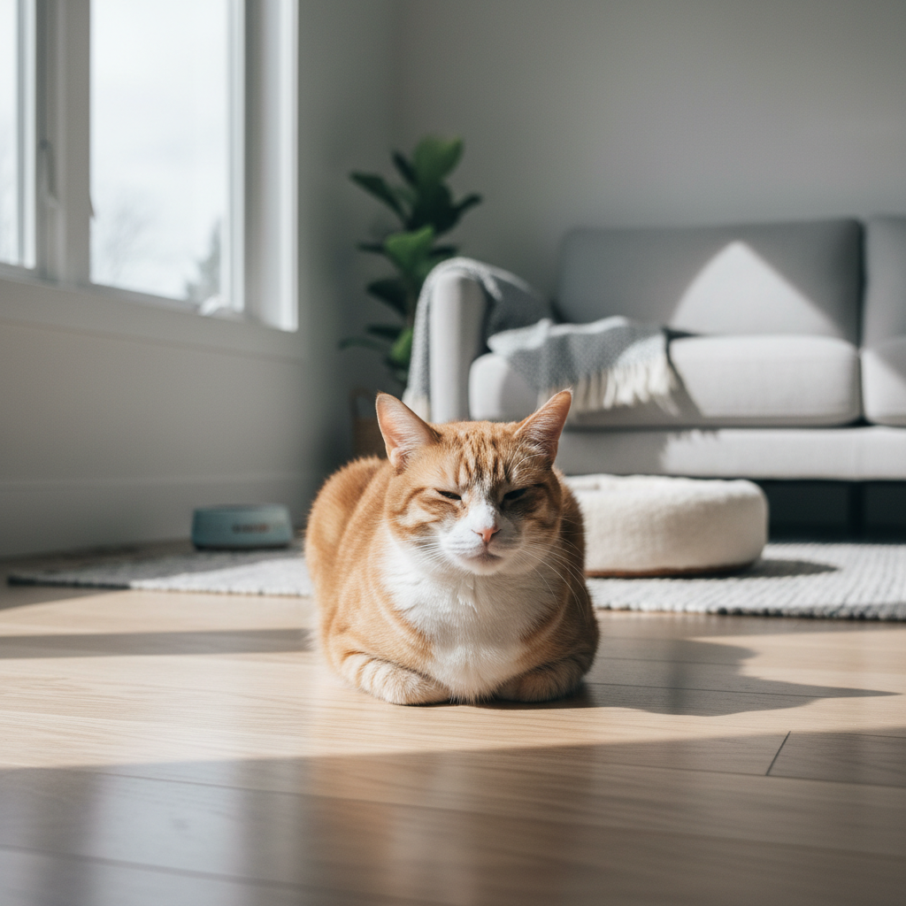 一隻橘白相間的貓咪在陽光灑落的木地板上打瞌睡，牠的眼睛微閉，身體呈現放鬆的麵包狀。這溫馨的畫面展現了貓咪健康舒適的日常，讓人聯想到養貓生活的美好。