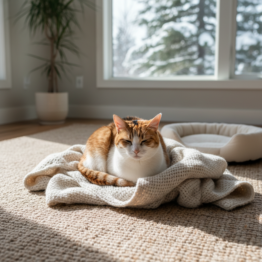 一隻橘白貓咪在明亮的室內，悠哉地躺在摩登毛毯上，房間後方是雪景與盆栽，很有家的溫度。