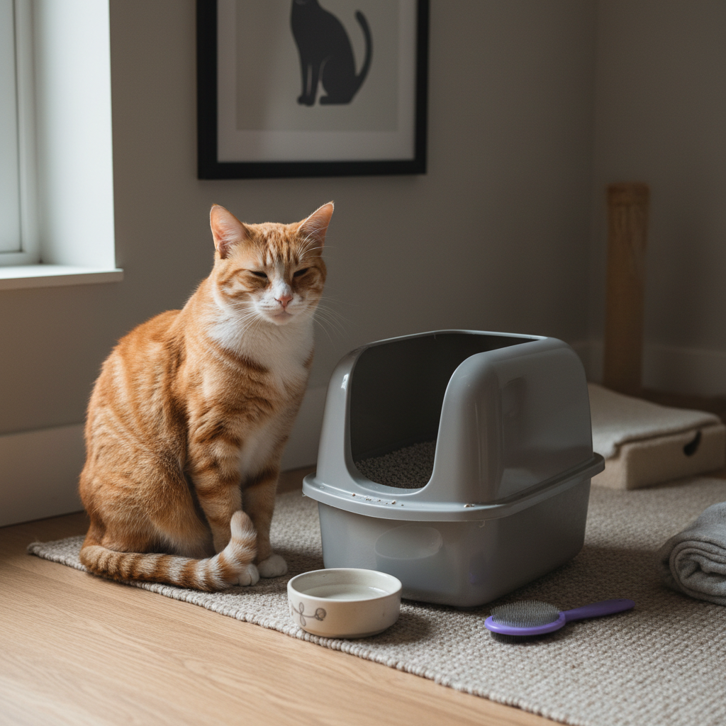 一隻橘白相間的貓咪坐在淺色貓砂墊上，旁邊是一個灰色的貓砂盆和一個裝水的碗，貓咪的眼睛半閉著，似乎在休息。這個畫面呈現了貓咪日常的養貓生活，提醒飼主注意貓咪健康與照護，特別是貓砂盆清潔和貓咪不愛上貓砂的問題，以維持良好的養貓生活品質。