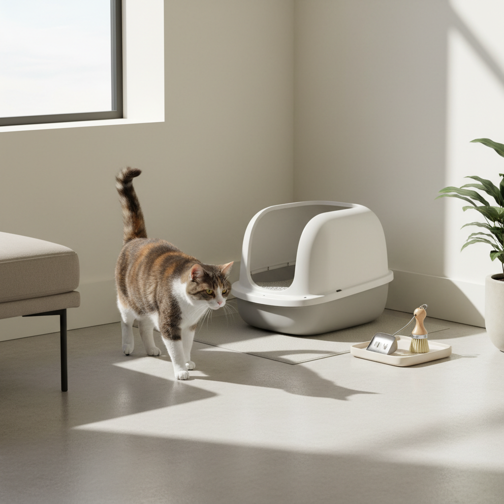 一隻擁有橘、白、黑三色毛髮的虎斑貓，正優雅地從畫面左側走向右側，準備前往一個設計簡約、淺灰色系的封閉式貓砂盆。這個貓砂盆是許多貓咪照護者的養貓必備品。地板上擺放著一套米白色的貓砂清潔工具組，包含一個小畚箕和刷子，方便飼主進行貓砂盆清潔。一旁的窗戶透入自然光，為畫面帶來溫馨感，也凸顯了居家養貓生活的整潔與舒適。