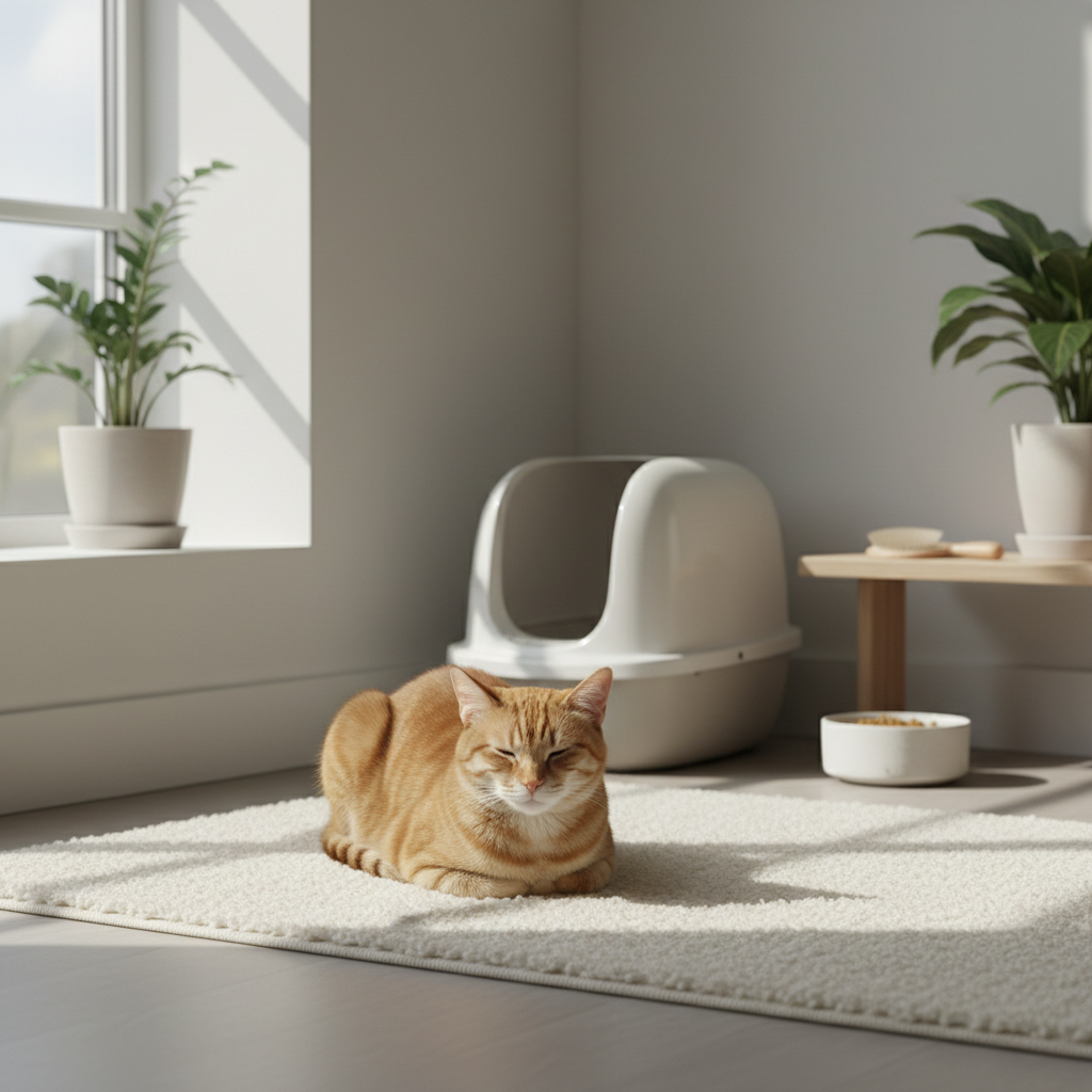 一隻橘貓安靜地躺臥在陽光灑落的米色地毯上，閉著眼睛休息，牠身後可以看到一個簡潔的貓砂盆，旁邊有貓糧碗和一些小盆栽，整體營造出舒適的貓咪照護環境。