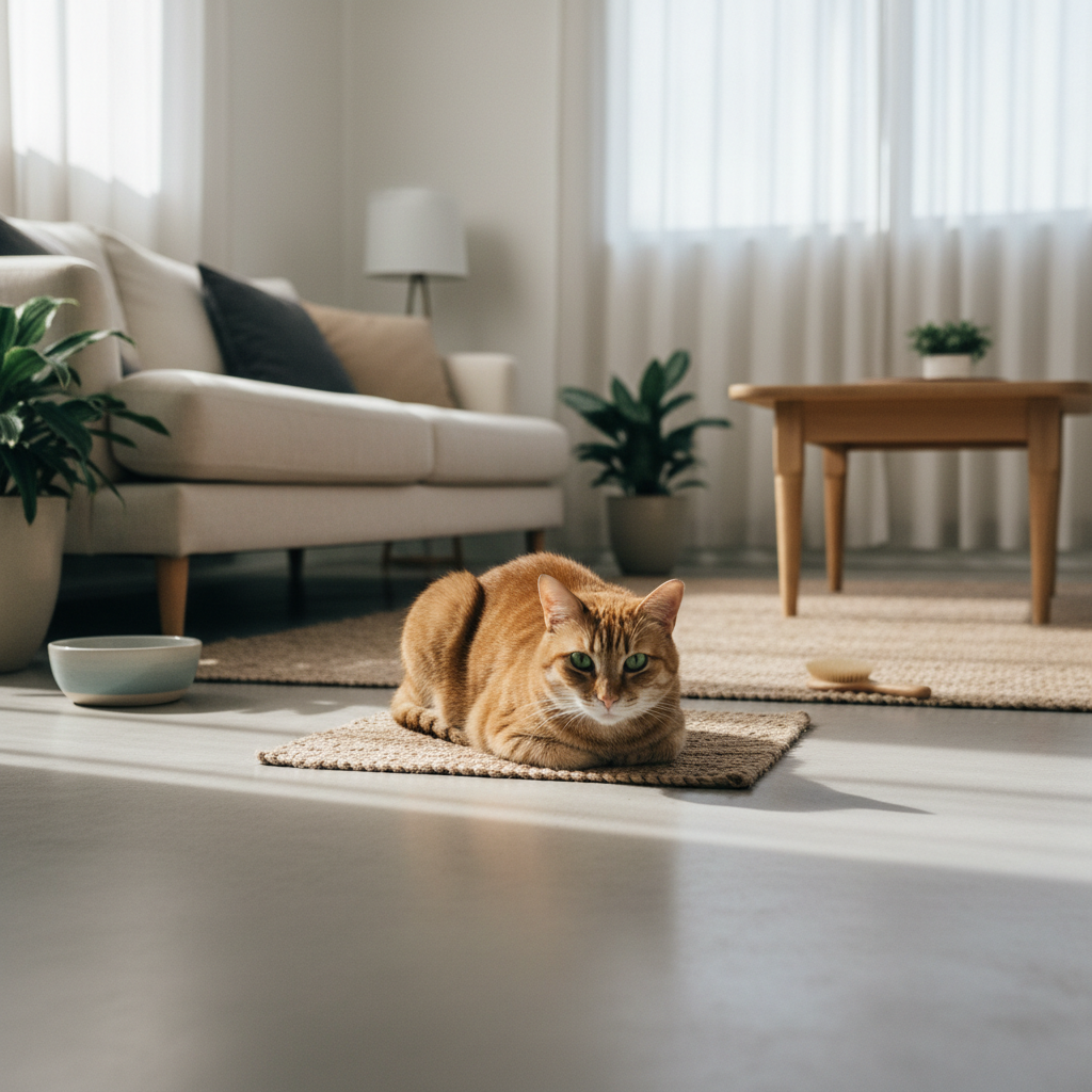 一隻橘貓慵懶地趴在溫暖的客廳地板上，享受陽光。牠眼神銳利地望向前方，毛色光澤，看起來健康有活力。周圍環境簡潔舒適，展示了養貓生活中，貓咪居家放鬆的日常。