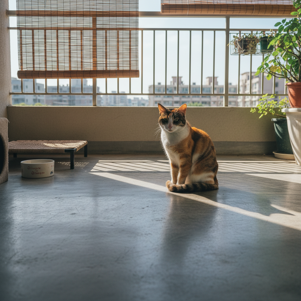 一隻橘白相間的貓咪，坐在灑滿陽光的陽台地板上，牠的眼神直視前方，看起來溫馴又可愛。陽台上有貓咪的食碗和一個矮床，周圍還擺放著幾盆綠色植物，營造出一個舒適的養貓生活空間。陽光穿過竹簾，在地板上留下美麗的光影，為這隻享受日光浴的貓咪帶來溫暖。