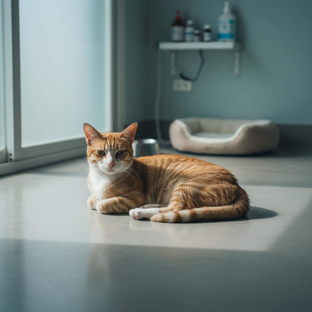 這是一張在獸醫診所內拍攝的貓咪照片，一隻橘白相間的米克斯貓咪正慵懶地趴在地板上休息，眼神好奇地望向前方。牠舒適地將前腳收攏，陽光從左側窗戶灑落，照亮了地板和貓咪的身體。背景可見一張米白色的寵物床，以及放置在架上的藥品和醫療用品。這隻貓咪看起來健康且放鬆，展現了良好的貓咪照護狀態