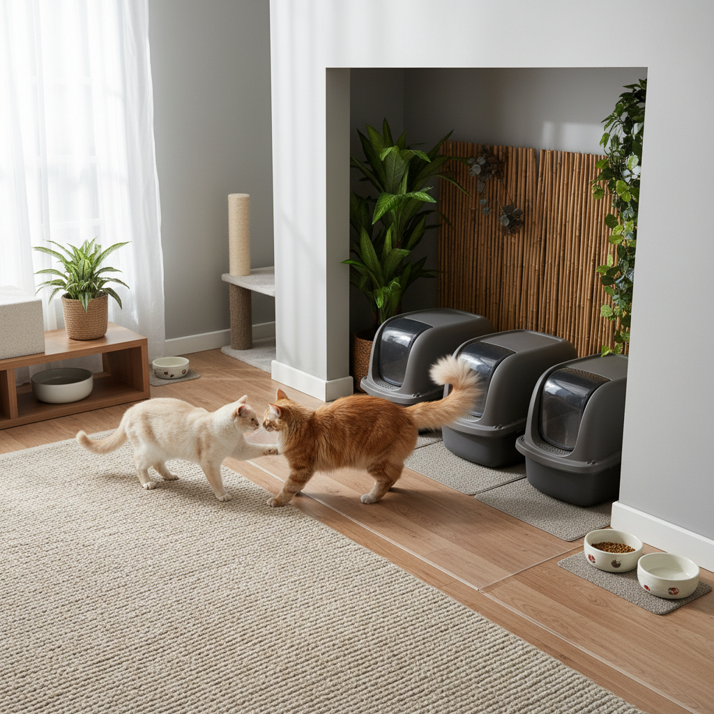 兩隻貓咪在一個明亮且佈置溫馨的居家空間中，一隻米色貓咪和一隻橘色貓咪似乎在玩耍或互動。畫面右側牆邊擺放了三個灰色的貓砂盆，整齊地排列在防滑墊上，為貓咪提供舒適且衛生的如廁空間。貓砂盆旁有綠色植栽點綴，增添了自然氛圍。圖片右下角還有貓碗，顯示出完整的養貓生活配置。整體畫面呈現出貓咪友善且注重貓咪照護的居家環境。