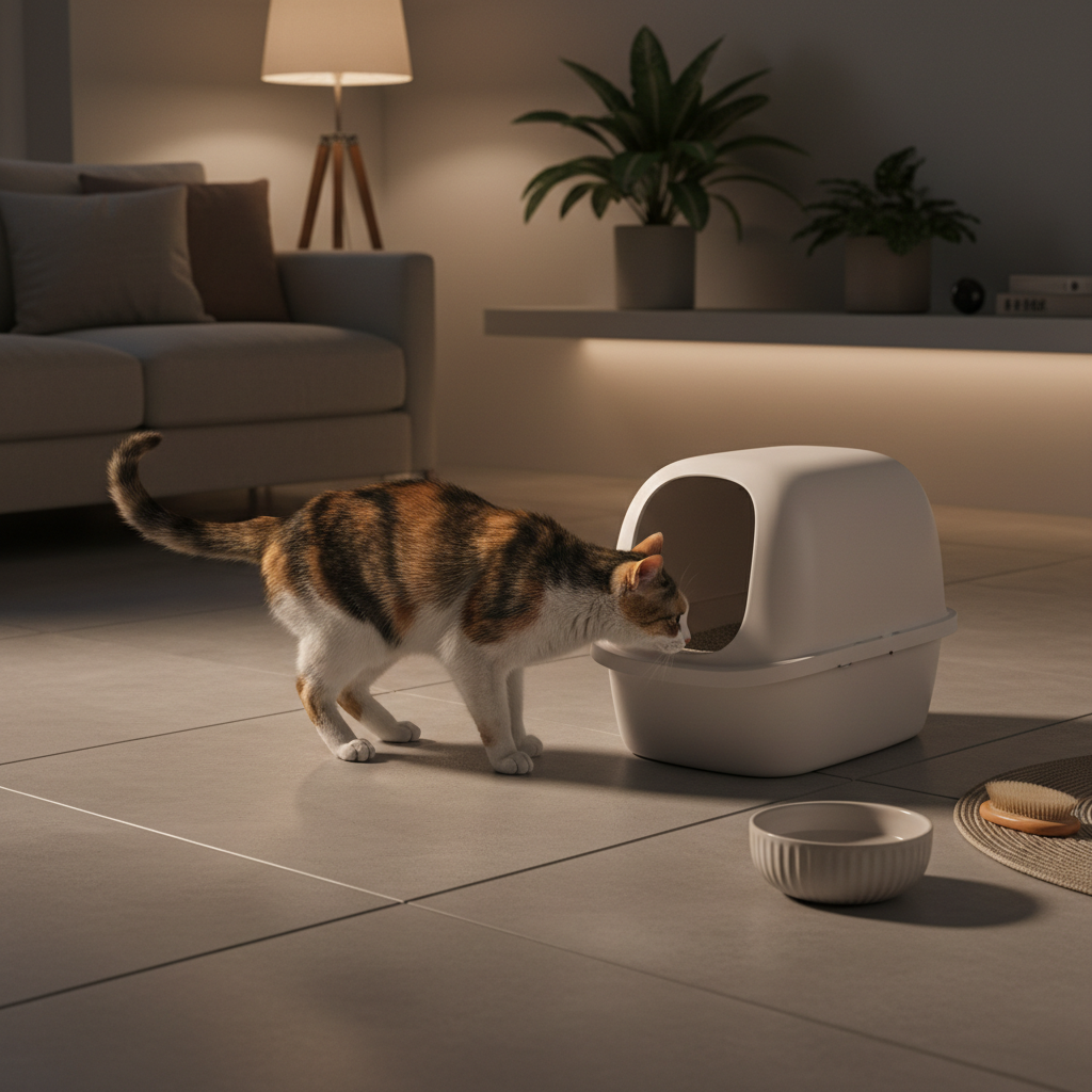 一隻橘白相間的貓咪在溫馨的客廳裡，正探頭聞著乾淨的封閉式貓砂盆。這個畫面是養貓新手或資深貓奴都非常熟悉的養貓生活日常，顯示了貓咪照護中貓砂盆清潔與貓砂推薦的重要性。