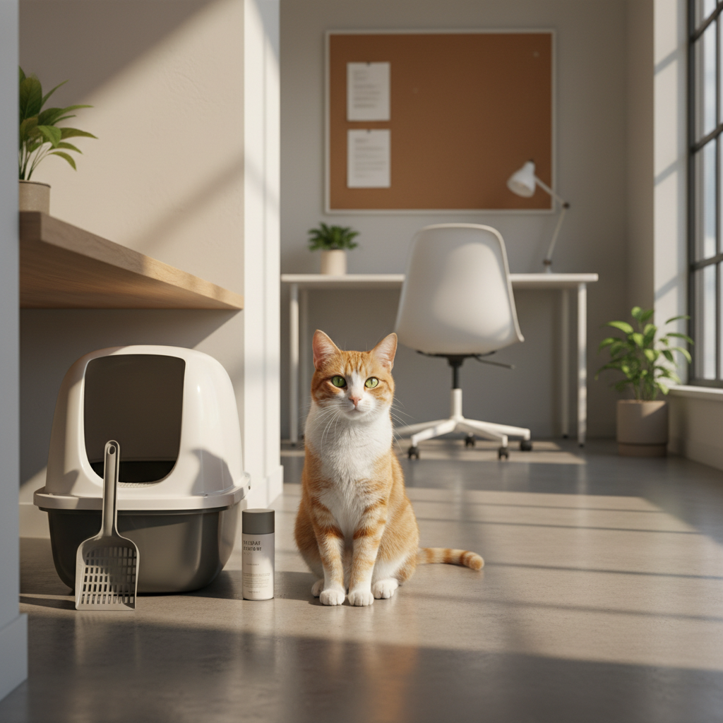 一隻橘白相間的貓咪坐在室內地板上，牠的眼神直視前方，旁邊放著一個灰白色貓砂盆和貓砂鏟，還有一個白色瓶身、印有黑色文字的貓砂除臭噴霧。圖片背景是一個簡約的居家辦公空間，整體氛圍明亮而舒適，呈現出養貓家庭的日常生活情境。