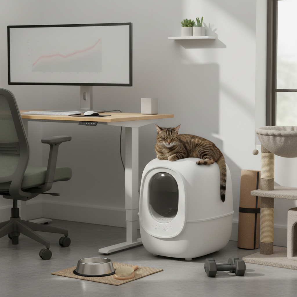 一隻斑紋貓咪慵懶地躺在智慧貓砂盆上，地點是採光良好的現代辦公室或書房，旁邊有升降書桌、人體工學椅和貓抓柱，畫面同時展現了養貓生活與高效工作區的結合。