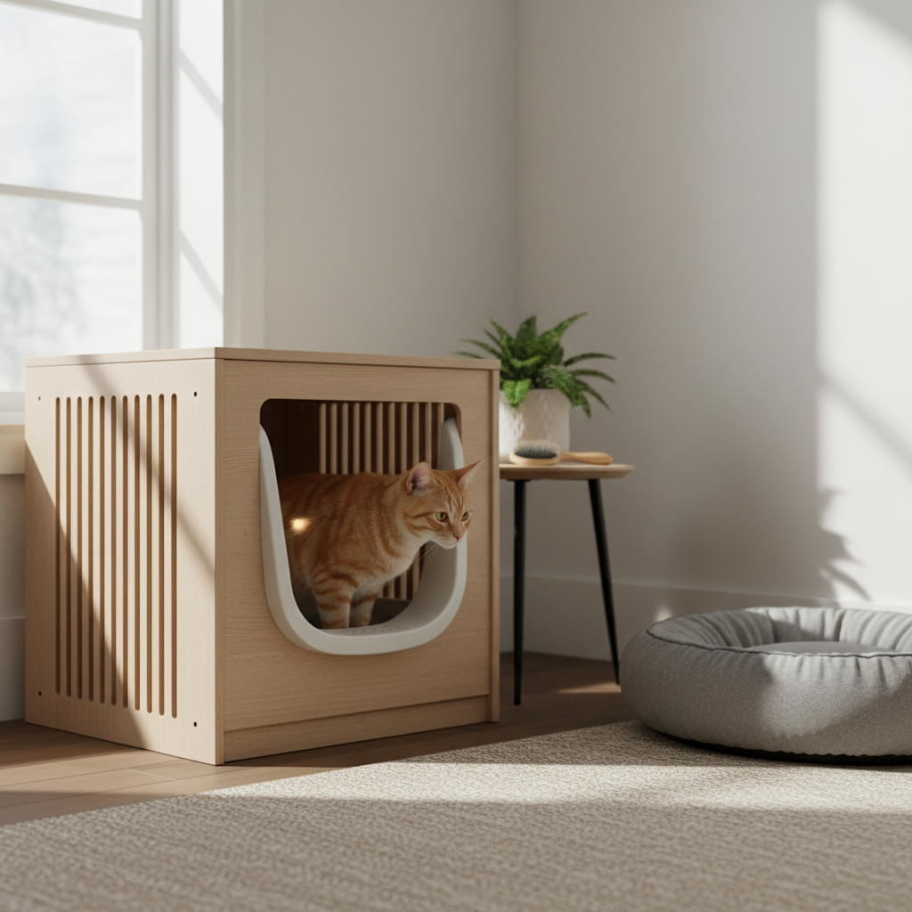 一隻橘色的貓咪正好奇地探頭，從一個設計簡約、木質外觀的貓砂屋中向外張望。貓砂屋擺放在窗邊，陽光灑落，營造出溫馨的養貓生活氛圍。這個隱藏式貓砂盆有助於貓砂除臭，同時也為貓咪提供更隱密舒適的如廁空間，是養貓新手或注重貓咪照護的飼主會考慮的養貓必備品。