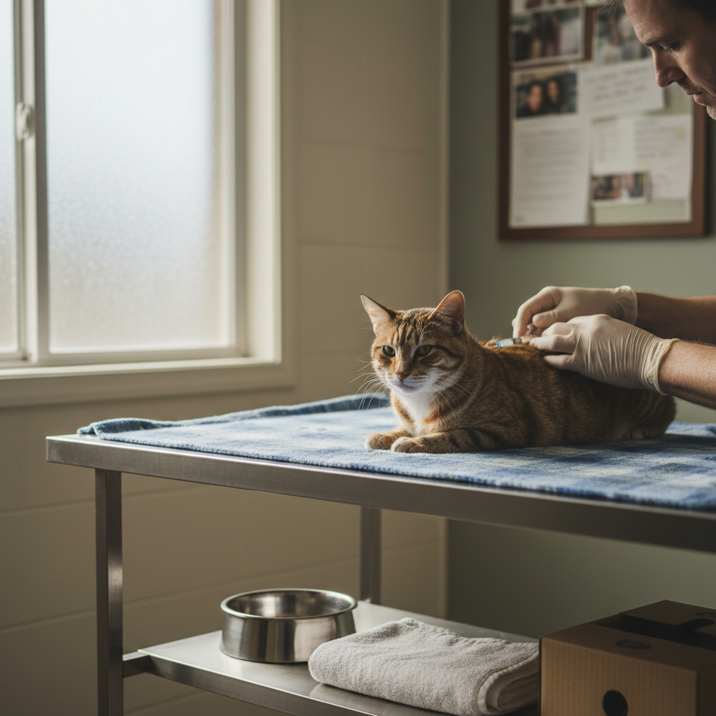 一隻橘色的貓咪在獸醫診所接受健康檢查，獸醫溫柔地為牠進行照護，確保貓咪健康無虞，這張圖片展現了貓咪在醫療環境中的真實情境