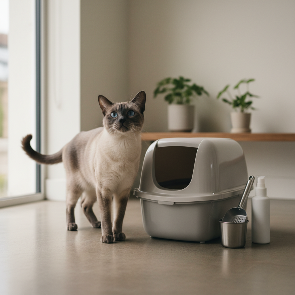 一隻擁有藍色眼睛的暹羅貓站在室內，身旁是米色的封閉式貓砂盆、一個貓砂鏟和一罐除臭噴霧。這張圖完美呈現了養貓生活中的貓咪照護和貓砂盆清潔情境，是養貓新手參考貓砂怎麼選和貓砂推薦的實用參考。