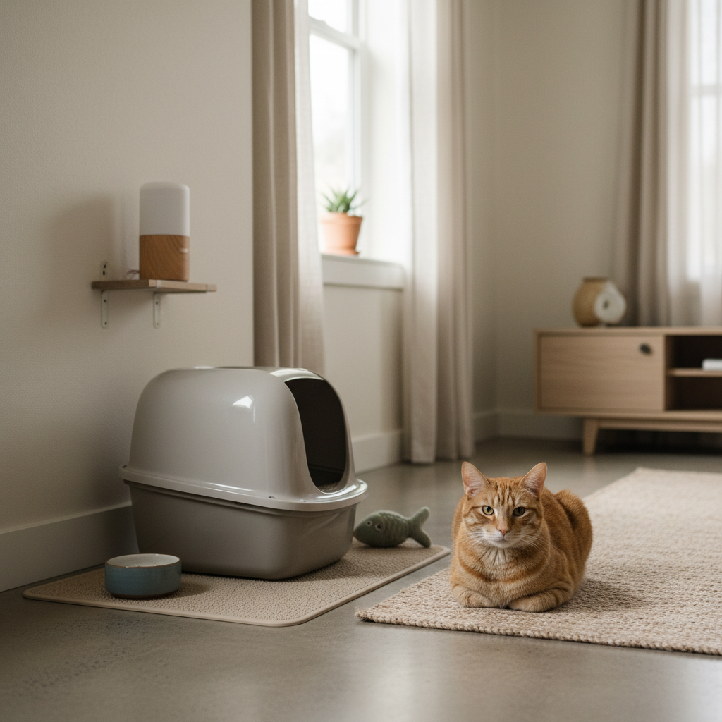 一隻橘色的虎斑貓，平靜地趴臥在米色地毯上，眼神溫和地望向前方。牠的身旁是貓砂盆，貓砂盆旁還有一個水碗和一隻魚形狀的玩具。整個畫面呈現出貓咪在居家環境中放鬆舒適的樣子，也顯示了完善的養貓生活與貓咪照護。