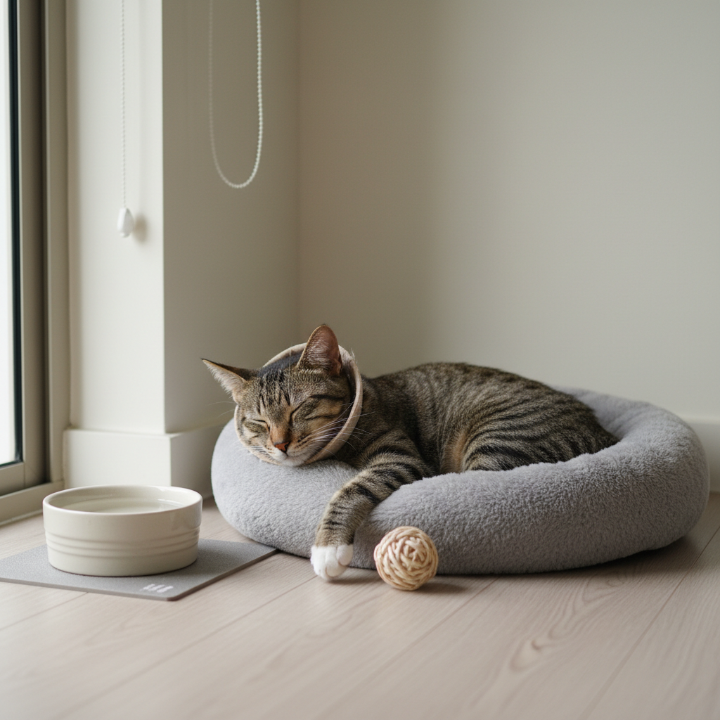 一隻斑紋貓戴著脖圈，在牠柔軟的灰色貓咪睡床上熟睡，一旁有水碗和玩具球，顯示出貓咪正在術後康復或身體不適的貓咪照護情境。