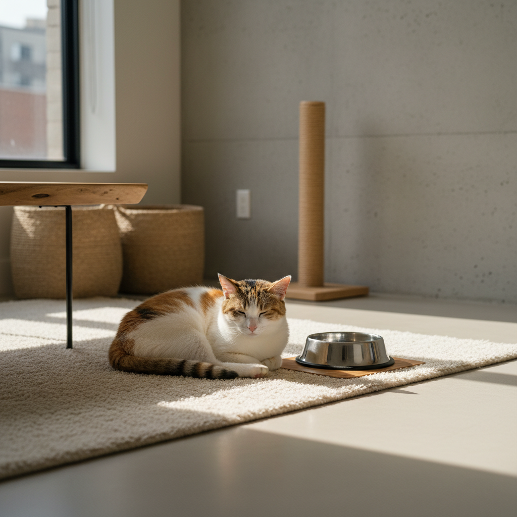 一隻白底橘斑的貓咪舒服地趴睡在米色地毯上，旁邊擺著一個不鏽鋼貓食碗。窗邊灑落的陽光讓牠看起來十分放鬆，這個畫面完美呈現了舒適的養貓生活，提醒飼主平時要注重貓咪健康與照護。