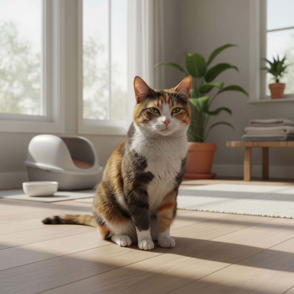 一隻橘白相間的可愛虎斑貓咪，眼神清澈地望向前方。牠舒適地坐在陽光灑落的木地板上，旁邊是貓砂盆，後方有綠意盎然的盆栽，整體營造出溫馨寧靜的養貓生活氛圍。