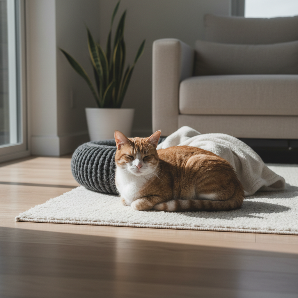 一隻橘白相間的可愛貓咪正閉著眼睛，慵懶地躺在陽光灑落的米白色地毯上享受日光浴，一旁是灰色編織的貓窩和柔軟的白色毛毯，營造出一個舒適放鬆的養貓生活空間，讓人感受到貓咪照護的溫馨日常。