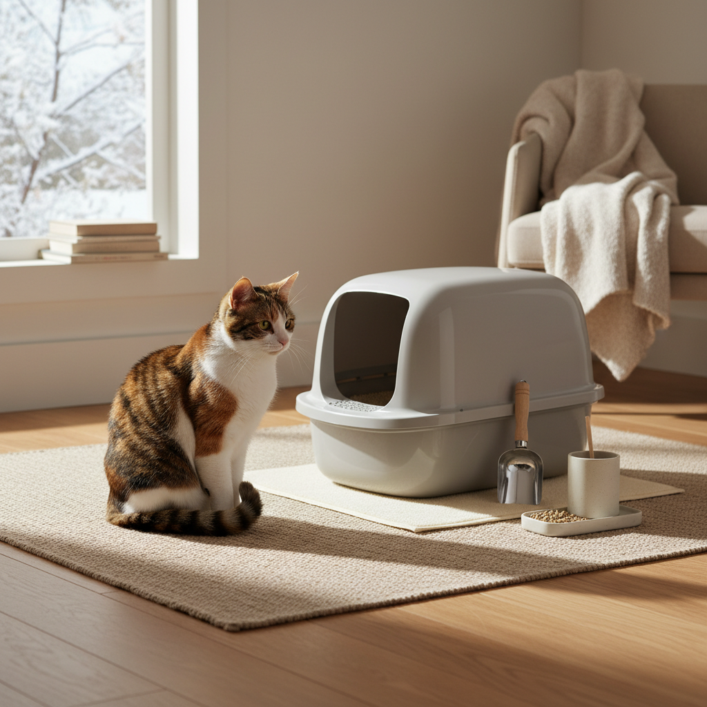 這張室內照片展示了一隻有著橘白色花紋的貓咪，牠靜靜地坐在一片淺色地毯上，專注地望向右側。牠的身旁是一個現代感十足的淺灰色有蓋貓砂盆，旁邊整齊地擺放著貓砂鏟和一個裝有貓糧的容器，這些都是養貓生活中的必備用品。窗外是白雪皚皚的冬季景色，為室內營造出溫馨的對比。這張圖片完美呈現了貓咪居家照護的場景，特別是關於貓砂盆清潔與養貓必備的相關主題。