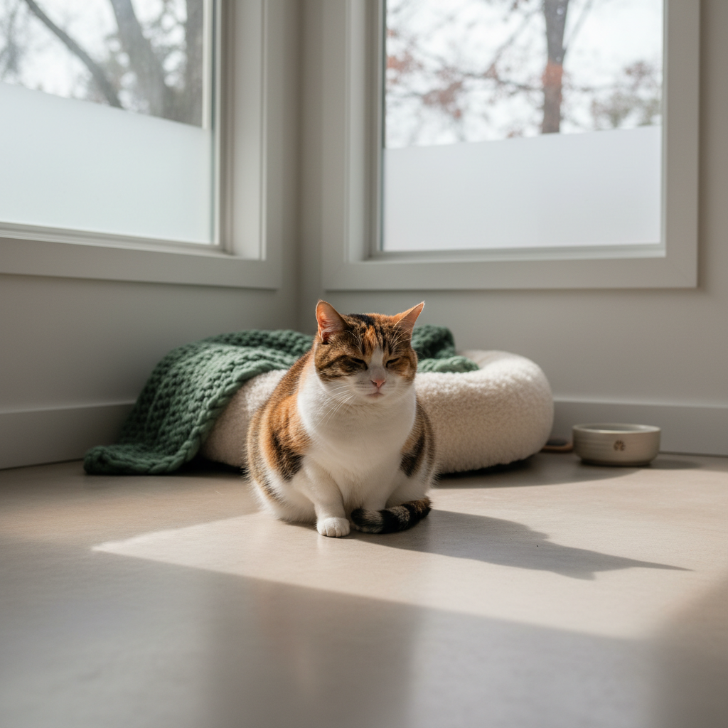 一隻橘白相間的可愛貓咪，端坐在灑滿陽光的室內地板上，享受著溫暖的日光浴。牠身後有一個舒適的白色貓窩和綠色針織毯，展現出平靜舒適的養貓生活景象。貓咪的坐姿看起來非常放鬆，顯露出健康的體態，是貓咪健康照護良好的一個縮影。