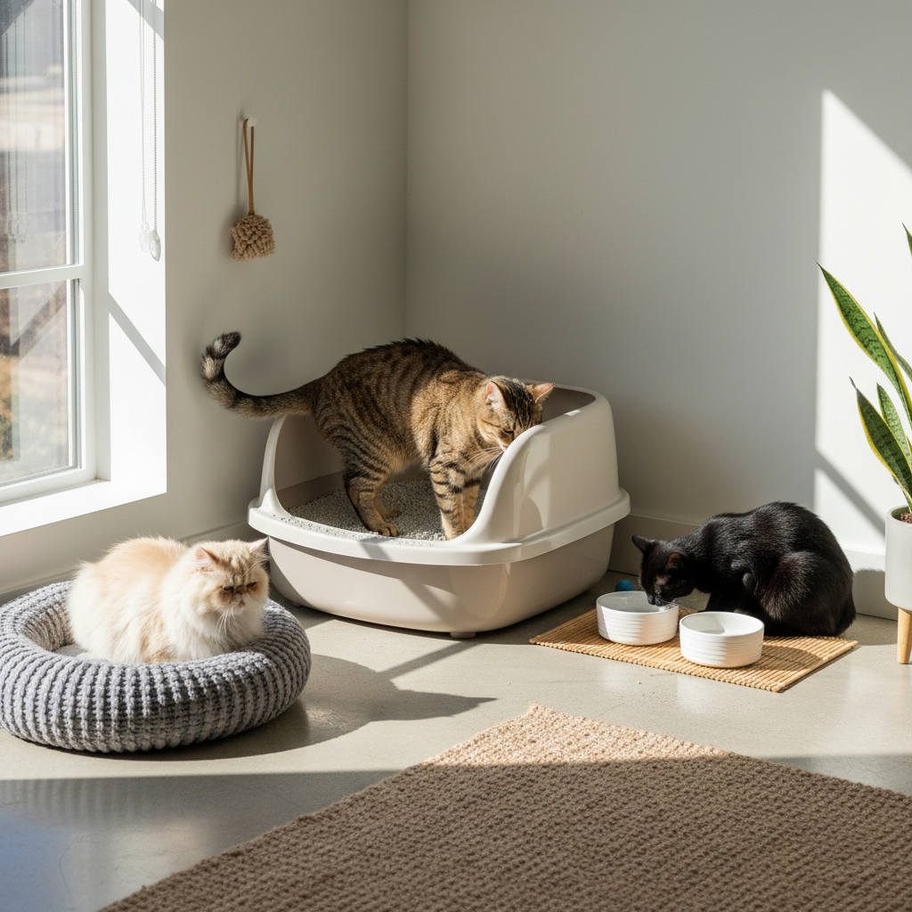 這張圖片呈現了溫馨的養貓生活一隅，一隻虎斑貓正在使用貓砂盆，展現良好的貓咪照護習慣。左側一隻波斯貓在舒適的貓窩中休息，右側則有隻黑貓正在水碗旁喝水，旁邊還有一盆綠色植物。畫面簡潔明亮，光線充足，突顯了居家貓咪健康與舒適的環境。