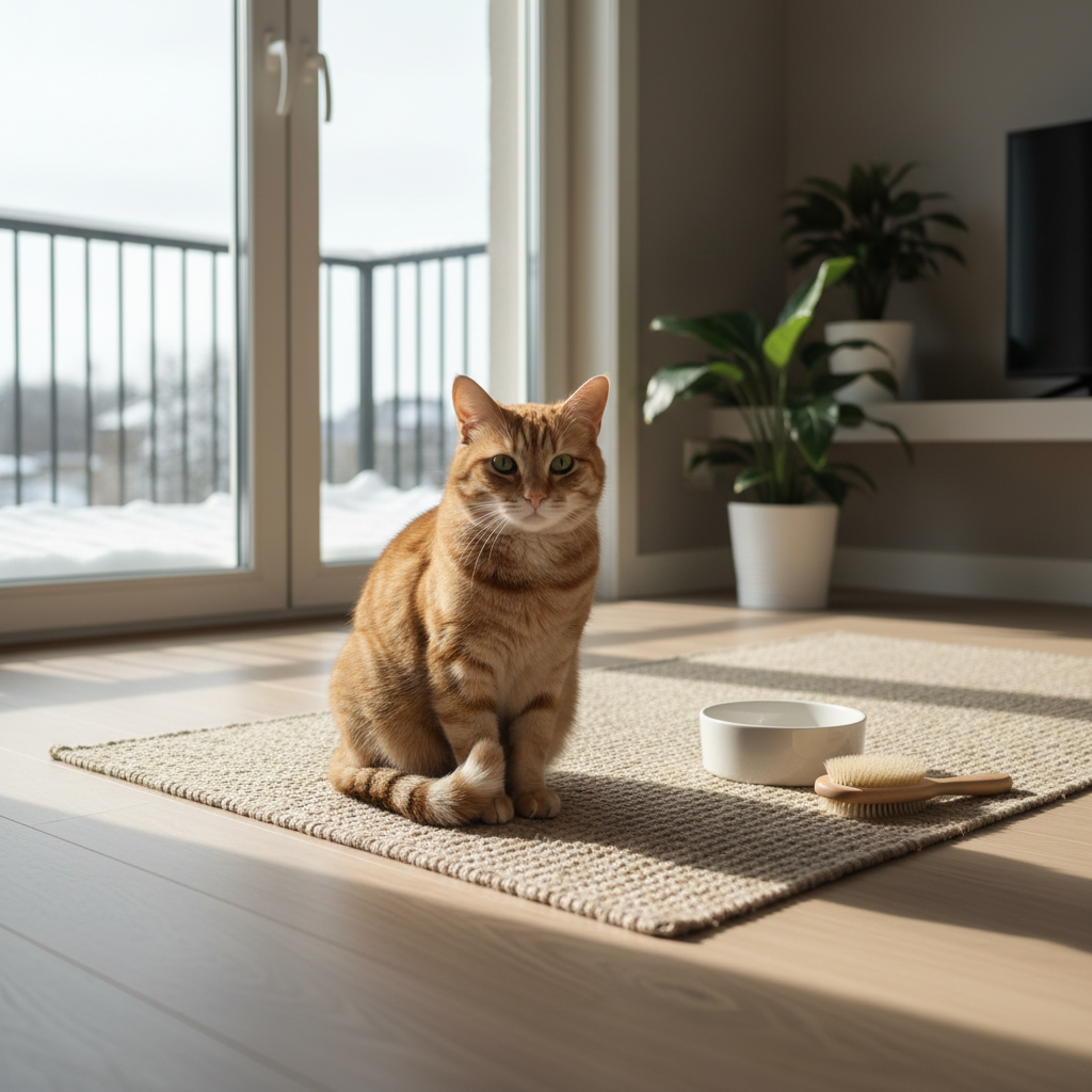 一隻橘色的貓咪端坐在溫暖陽光灑落的室內，牠面前擺著一個白色碗和一把貓毛梳。這張圖片呈現了貓咪日常照護的用品，暗示著養貓生活中的 grooming 環節。